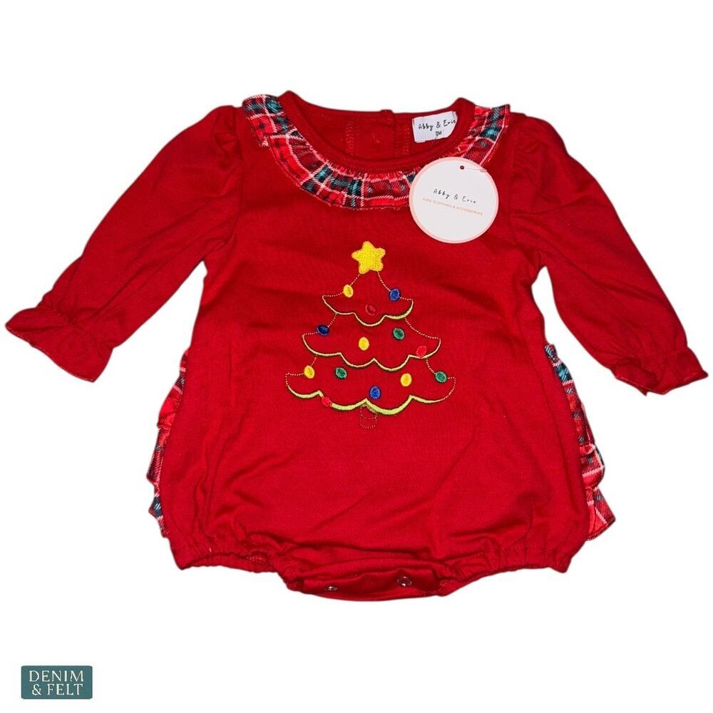 NEW Abby & Evie Red Plaid Ruffle Christmas Tree Bubble Romper‎ 3M - Picture 2 of 7
